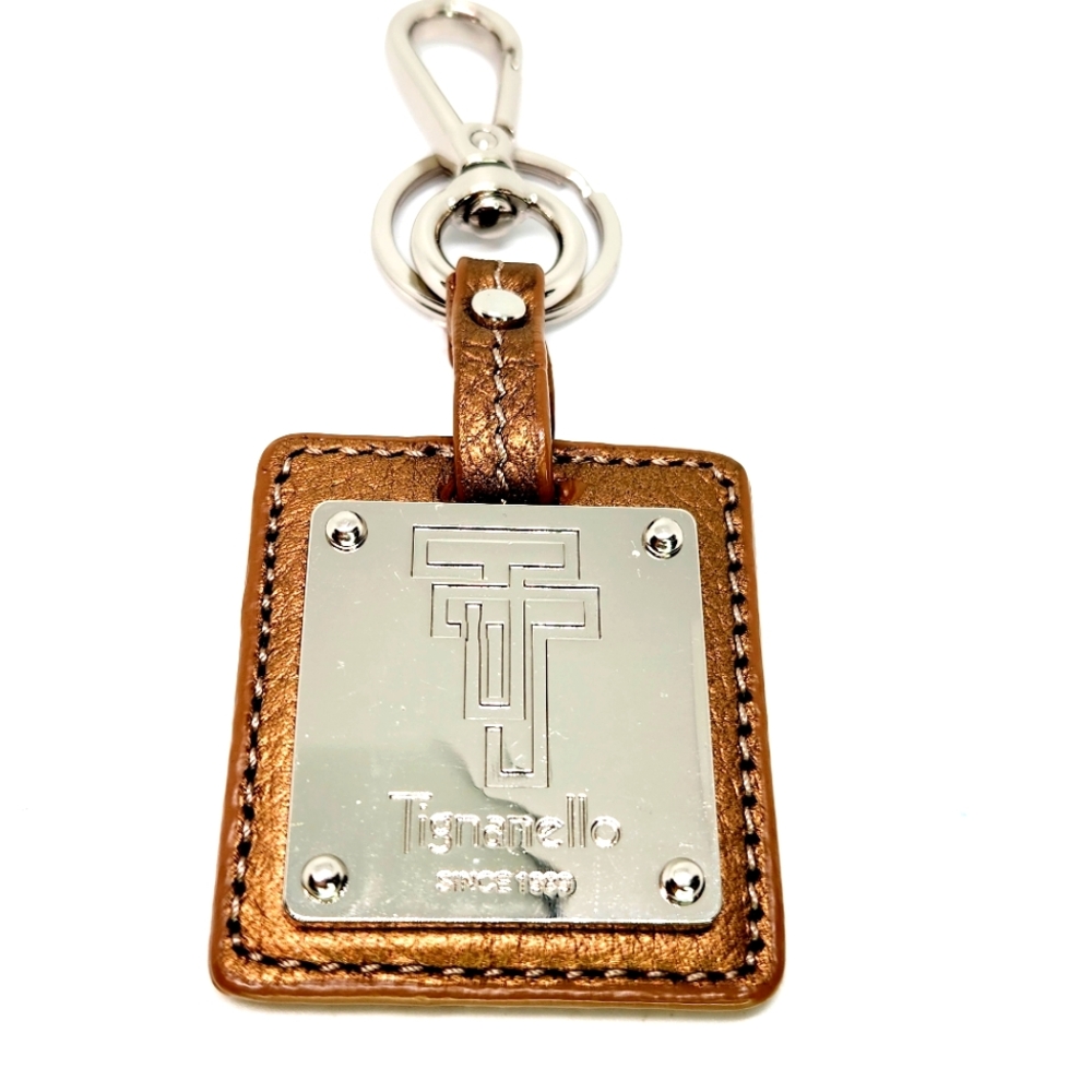 Tignanello Purse Key Fob Keychain Hang Tag Bronze Brown Leather and Chrome Metal